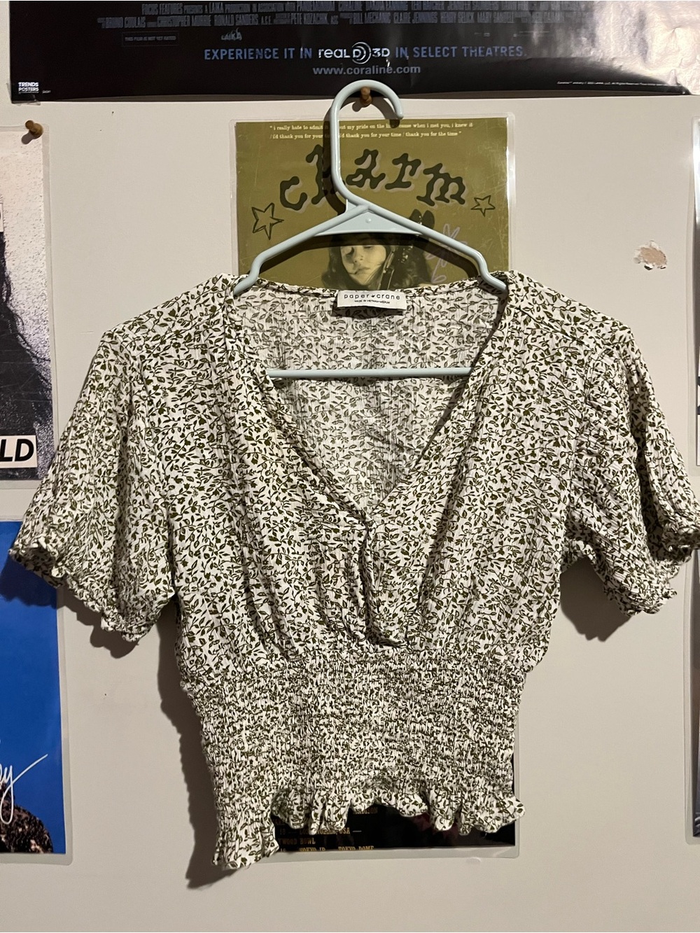 Paper Crane White and Olive Green Floral Smocked Crop Top